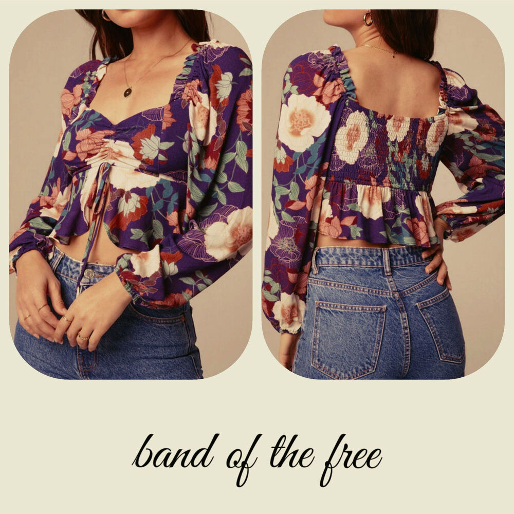 NWT Band of the Free Floriane Floral Crop Blouse S [4-6] Purple Ivory Bohemian